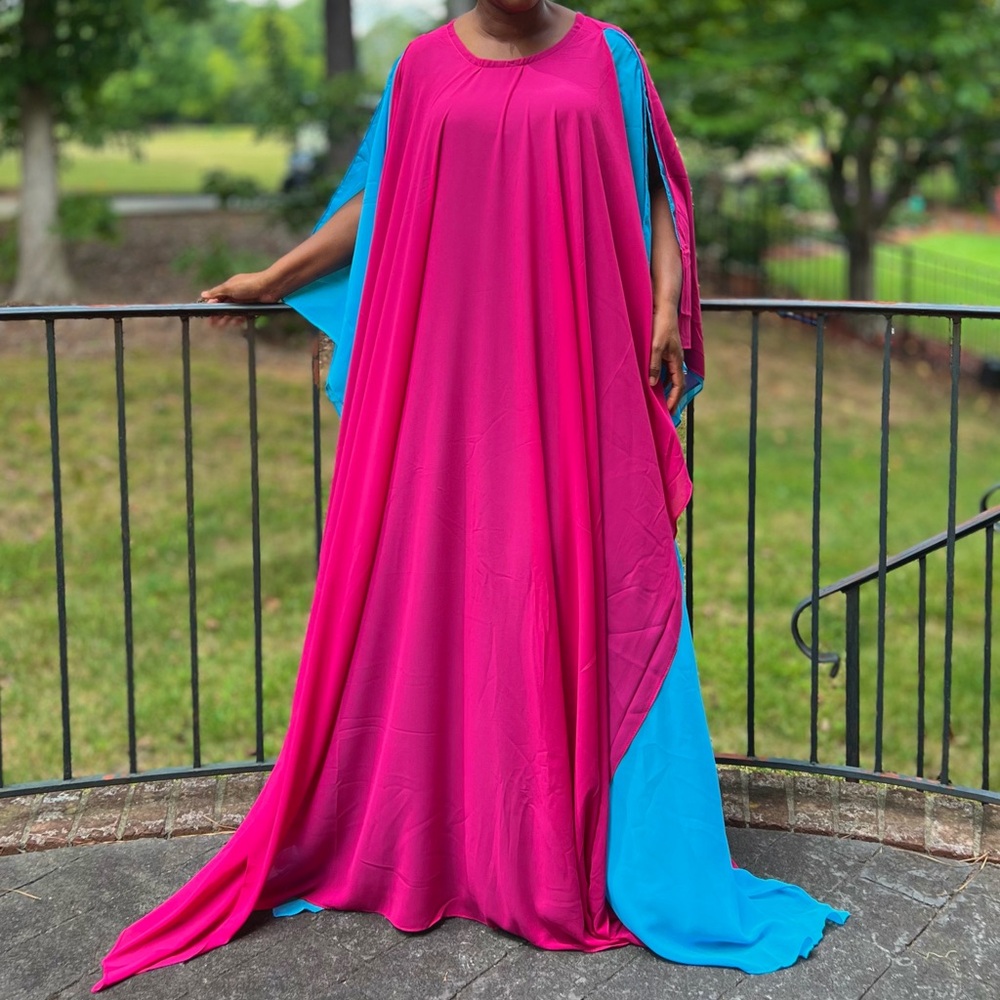 Handmade Elegant Pink and Blue Women's Layered Maxi Kaftan Dress